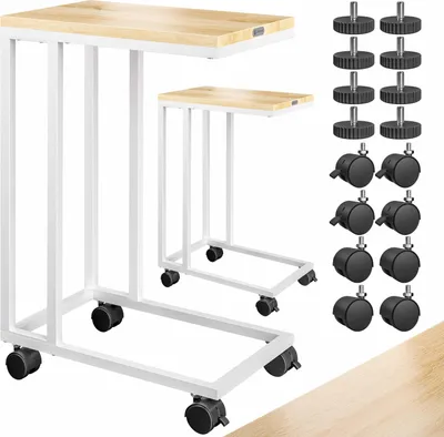 Two C-shaped side tables with wooden tops and white metal frames, shown with a set of wheels and adjustable feet.