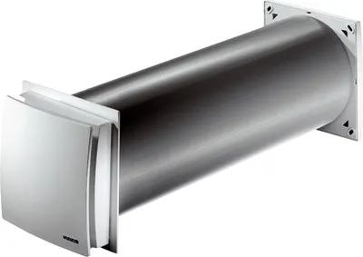 A silver ventilation duct with a square cover on one end and a square mounting plate on the other, isolated on a white background.