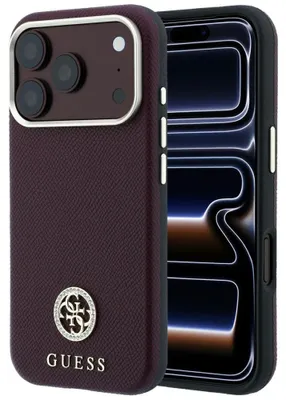 Produktbild von Handyhülle für iPhone 18 Pro Max / 17 Pro Max, Guess Grained Round Strass Logo mit MagSafe, Burgunderrot