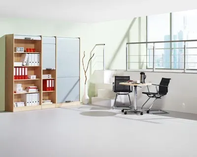 An office environment with a bookshelf, a table with chairs, and a window view.