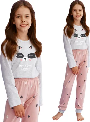 Produktbild von Kinderpyjama für Mädchen Nachthemd Schlafanzug langarm Nachtwäsche Baumwolle in Grau und Rosa - Größe 104