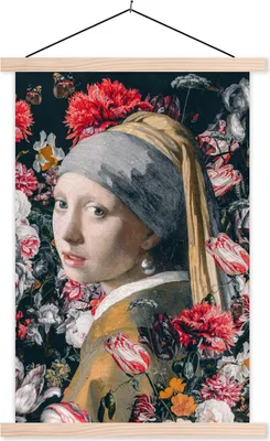 Produktbild von MuchoWow® Textilposter Das Mädchen mit dem Perlenohrring - Johannes Vermeer - Blumen 60x90 cm mit holzfarbenen Rahmen - Textil