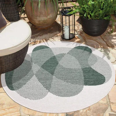 Produktbild von Teppich Outdoor Wetterfest - Grün, Creme - Wendeteppich - 120 cm Rund - Abstraktes Geo-Muster