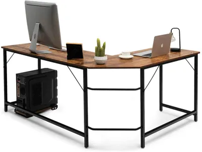 Image de COSTWAY Bureau d'ordinateur en L, bureau d'angle, bureau PC, bureau d'ordinateur, bureau de bureau, bureau d'angle, bureau d'angle, café