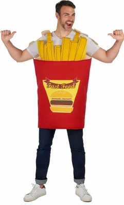 A man wearing a novelty french fry costume.