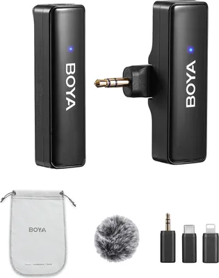 Produktbild von BOYA BOYALINK A1 2,4 GHz kabelloses Lavalier-Mikrofonsystem, Ansteckmikrofon, 100 m uebertragungsreichweite, Rauschunterdrueckung, automatische Synchronisierung mit Empfaenger + Sender + 3 Adaptern, kompatibel mit iPhone/Android-Smartphones, Tablets, Computern fuer YouTube/Interview/Vlog/Vedio/Live-Streaming