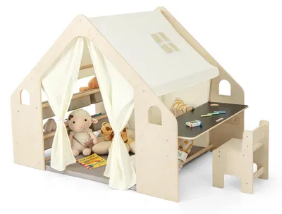 Immagine prodotto di Casetta da gioco in legno multifunzione 6-in-1 per bambini, marca GINGER HOME: include una sedia, un tavolo, una lavagna nera, un contenitore portaoggetti, un tendaggio e un tappeto imbottito