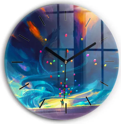 Produktbild von Wallfluent Wanduhr – Stilles Quarzuhrwerk - Uhr Dekoration Wohnzimmer Schlafzimmer Küche - Zifferblatt mit Striche - schwarze Zeiger - 30 cm - Kind und Luftballons