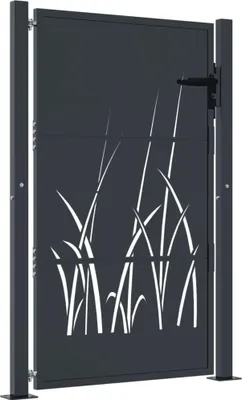 A dark gray metal garden gate with a cut-out grass design.