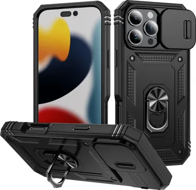 Produktbild von iPhone 16 Pro Max Hülle, Schiebe Kamera Schutz Stoßfest Schutzhülle mit Ringhalterung Ständer für iPhone 16 Pro Max Schwarz