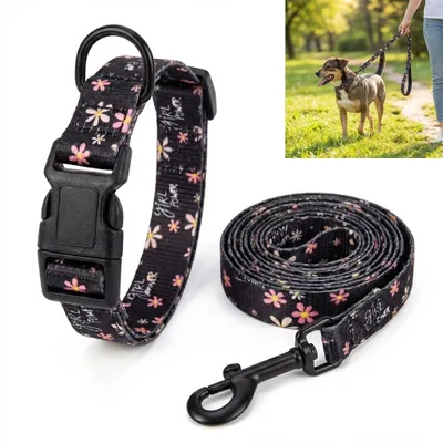 Zdjęcie produktu dla Zestaw obroża i smycz dla psa XL, wzór kwiatowy, regulowana 44-71 cm, smycz 1,5 m