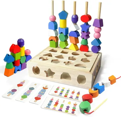 Produktbild von Steckspiel Holz, Montessori Spielzeug Sortierspiel für Kinder, Holz Stapelspiel Feinmotorik Motorikspielzeug Fädelspiel Sortier & Stapelspielzeug