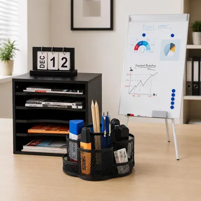 Produktbild von Magnetisches Flipchart-Büroset (3-teilig) – Stifthalter aus Metall, Whiteboard und Ablagefach mit 5 Fächern