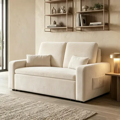 Produktbild von Bealife Sofa mit Schlaffunktion 147x82 cm - Ausziehbett - Chenillestoff, Cremeweiß，AR28