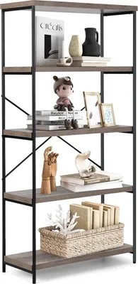 Produktbild von GOPLUS Bücherregal mit 5 Ebenen, Standregal mit Metallrahmen, X-förmige Verstärkungsbalken & Kippschutz, Industrielle Regale (Grau)