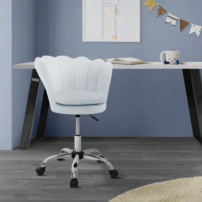 Obrázok produktu pre ML-Design zamatová kancelárska stolička svetlomodrá, make-up stolička s mušľovým operadlom, otočná stolička s kolieskami, výškovo nastaviteľná kancelárska stolička otočná stolička