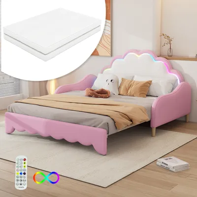 Obrázok produktu pre Flieks čalúnená posteľ 140x100cm/140x200cm, detská posteľ s matracom, rozkladacia pohovka s lamelovým roštom, posteľ pre mladých s LED, PU, ružová