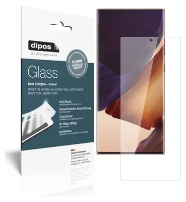 A product package for a screen protector is shown next to a smartphone with the screen protector applied.
