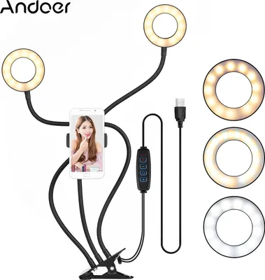 Produktbild von Andoer Mini-USB-Ringlicht zum Aufstecken Doppellichter 3 Beleuchtungsmodi Dimmbares flexibles Armdesign mit Telefonhalter fuer Live-Streaming-Video Online-Gesang Chatten Selfies