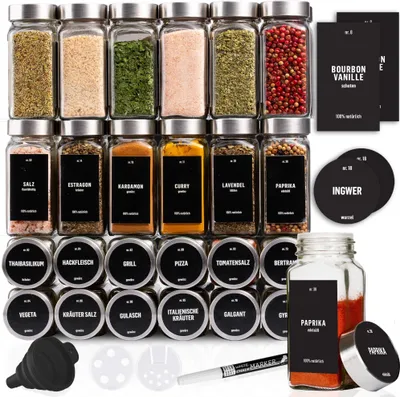 Obrázek produktu pro Sada 24ks - Deco Haus Dózy na koření s víčkem z nerezové oceli - sada s etiketami, trychtýřem, čisticím kartáčkem, fixem, 120 ml, 10,5 x 4,3 cm