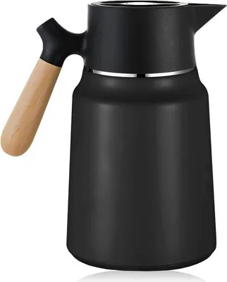 Produktbild von Doppelwandiger Stahlthermoskan mit Holzgriff für Kaffee, Milch und Tee