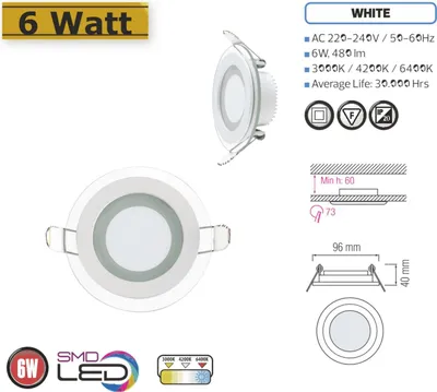 Obrázok produktu pre 6W LED panelové sklenené zapustené reflektory Ø96x96mm studená biela 6500K stropné svetlo zapustené osvetlenie okrúhle