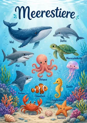 Immagine prodotto di Poster didattico "Vita marina" formato DIN A2 – Poster per bambini con balena, delfino, squalo e tartaruga marina, finitura opaca