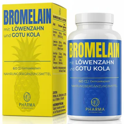 Image de Bromélaïne 400 mg, dosage élevé, avec quercétine – 60 capsules végétales. Contient également de la diosmine, de l'échinacée, du moringa et du pissenlit. 1 capsule par jour pendant 60 jours