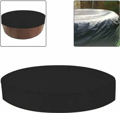A collage of images showing a round hot tub cover, one on a wooden hot tub, and another draped over a hot tub.