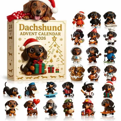 Produktbild von Adventskalender 2026 mit 24 Dackel-Figuren, Hunde-Adventskalender mit Miniaturfiguren, Weihnachtsdeko für Hundefans