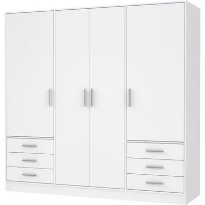 Produktbild von Kleiderschrank 4 Flügeltüren + 6 Schubladen – Spanplattenholz – Mattweiß – 206,5 x 60 x 200 cm