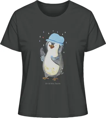 Produktbild von Mr. & Mrs. Panda Baumwoll T-Shirt Damen Pinguin Duschen Größe S - Anthrazit - Geschenk, Pinguine, Motivation, Oberteil, Basic, Duschkonzert, Singen, Shirt, Baden