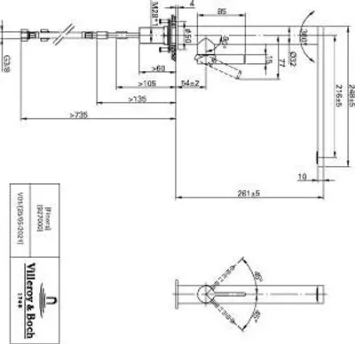Technical drawing with dimensions and specifications for a Villeroy & Boch product.