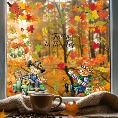 Produktbild von Herbst Fensterbilder Thanksgiving 62 Stück Fensterdeko Ahornblätter PVC Statisch Wiederverwendbar
