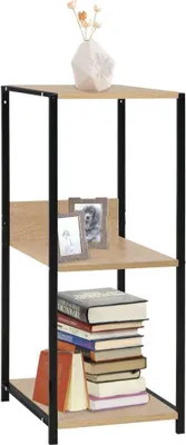 A three-tiered shelving unit with books and decorative items.
