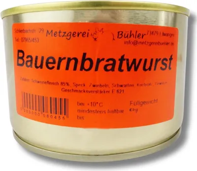 Produktbild von Brät Bauernbratwurst Dosenwurst 400g Wurstkonserve | Metzgerei Bühler