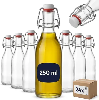 Productafbeelding van Glazen flessen 250 ml rond met beugelsluiting (0,25 l) - Set van 24 - Lege flessen om zelf te vullen voor sap - Siroop - Olie - Azijn