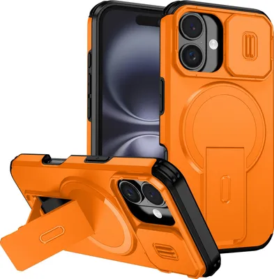 Obrázek produktu pro Magnetické pouzdro pro iPhone 16, dvouvrstvé odolné pouzdro s posuvnou ochranou fotoaparátu a nastavitelným stojánkem Oranžová