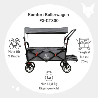 Produktbild von FUXLIFE by FUXTEC Bollerwagen FX-CT800 Komfort faltbar - Grau | Transportwagen mit Sonnendach | Innenraumverlängerung Grau