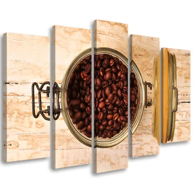 Produktbild von 5-teiliges leinwandbild kaffeebohne holz 150x100 cm Feeby braun wandbild bereit zum aufhängen