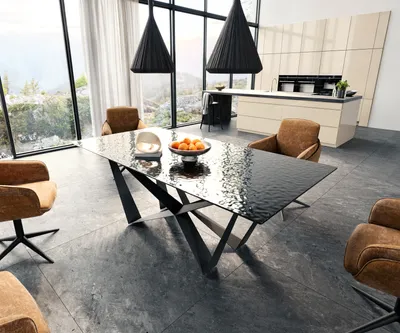 Produktbild von DELIFE Esstisch Edge 200x100 Reliefglas Rauchschwarz 3D-Design Spider Flachstahl Schwarz
