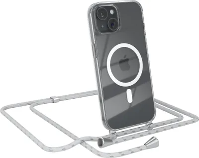 Produktbild von EAZY CASE - Handykette kompatibel mit Apple iPhone 15 Kette zum Umhängen Stoßfest Handyhülle für Apple iPhone 15 Silikon Hülle mit Band Handytasche Transparent als Fallschutz in Weiß/Silber