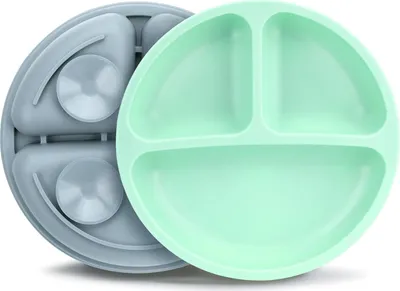 Produktbild von Kinderteller mit Saugnapf Rutschfest Silikon Baby Teller BPA Frei Babyteller Kinder Tischset Babygeschirr Spülmaschinenfest für Kleinkinder 2 Stück (Fernblau Minzgrün)
