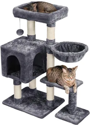 Image de Arbre à gratter pour chat Unyqoos® – 96 cm, gris foncé, avec 4 niveaux, une plateforme d'observation, un panier de repos et une cachette, 6 poteaux en sisal, revêtement en peluche, panneau de particules