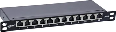 Produktbild von InLine 10" Patchfeld Cat.6A 0,5HE 12-fach, schwarz, mit Staubschutz, RJ45, Cat6a, Schwarz, Rackeinbau, 0.5U, 23 mm