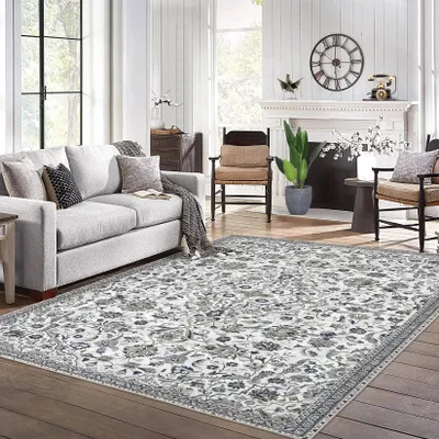 Obrázek produktu pro Vintage koberec s květinovým vzorem – orientální koberec do obývacího pokoje – 120 × 170 cm – vícebarevný – lze prát v pračce – protiskluzová gumová spodní strana – polyester