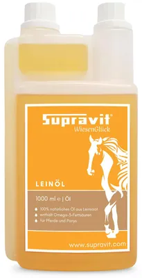 Produktbild von Supravit Leinöl Pferde & Hunde 1 Liter | Frisches Leinsamenöl kaltgepresst | Für glänzendes Fell | Reich an Omega 3 Fettsäuren