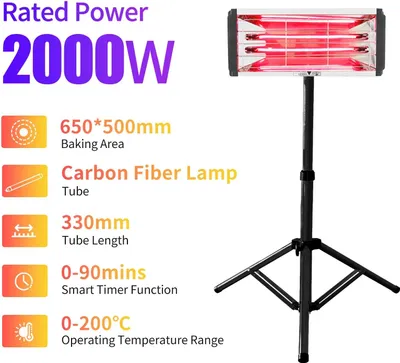 Immagine prodotto di Essiccatore a infrarossi per verniciatura di parti di carrozzeria - Lampada di polimerizzazione su treppiede - 2000 W - Superficie di lavoro 65×50 cm - Lunghezza dei tubi 33 cm - 220 V UE