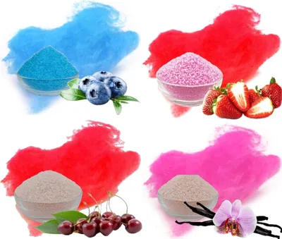 Produktbild von Aromazucker für bunte Zuckerwatte 4 x 100 g mit Geschmack Erdbeer Vanille Kirsche Heidelbeere Farbzucker Zucker für Zuckerwattemaschine