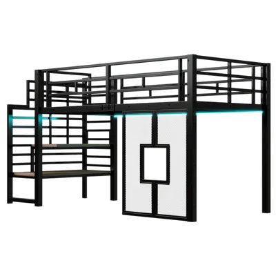 Obrázek produktu pro okwish vyvýšená postel 90x200, rám postele pro mládež se schodištěm s úložným prostorem, kovová jednolůžková postel s integrovaným LED osvětlením, černá (bez matrace)